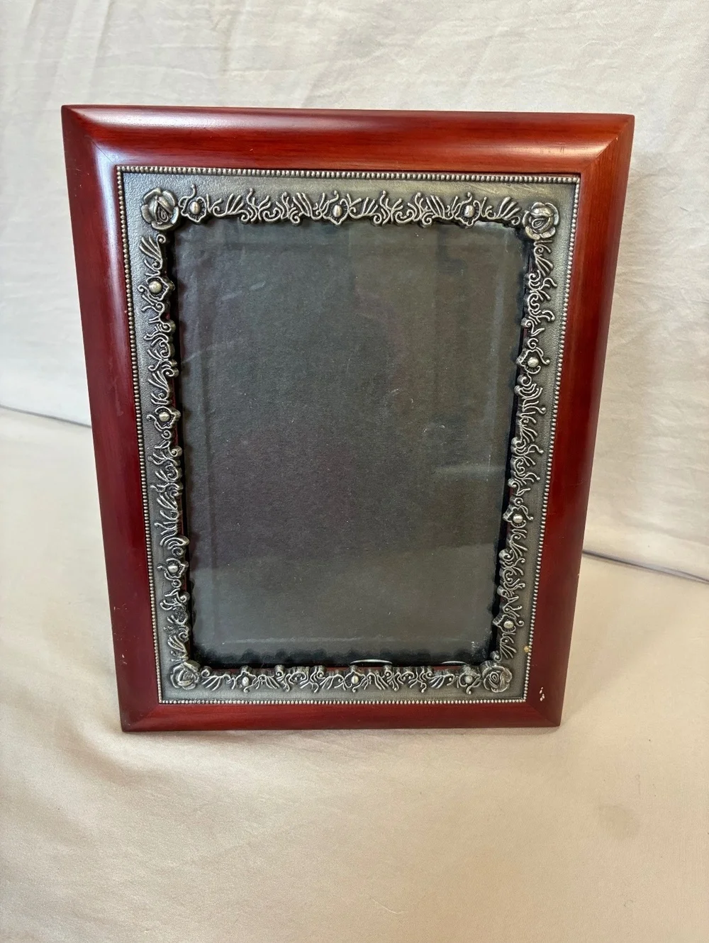 Vintage Decorative Wooden Picture Frame with Ornate Silver tone Floral Border